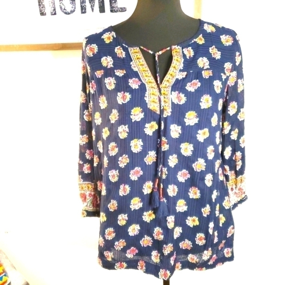 LOFT Women's Navy Blue Floral Split Neck Blouse Top - Boho Style size Medium